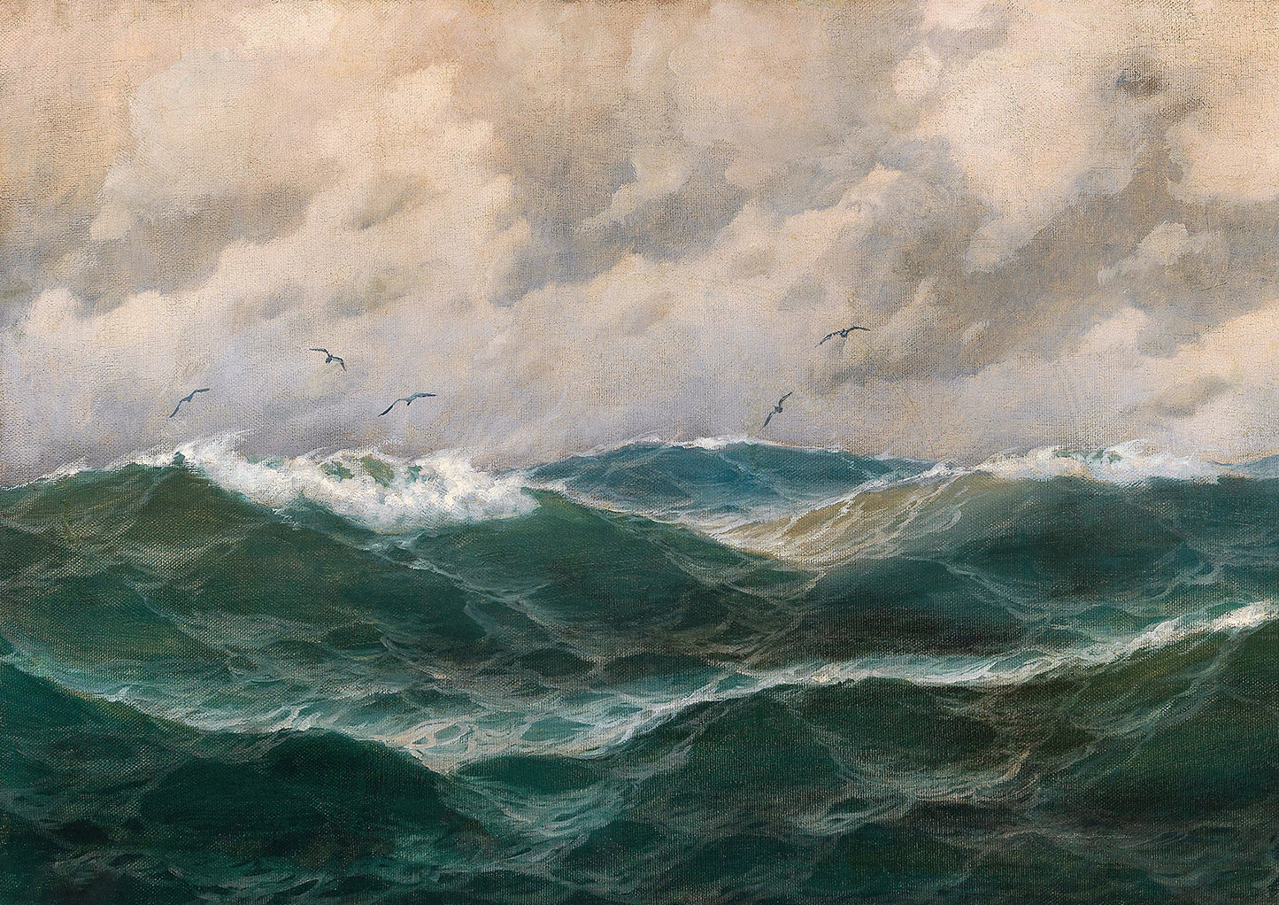 A fine art print of a marine landscape with seagulls flying over choppy waves, capturing the beauty and power of the sea.