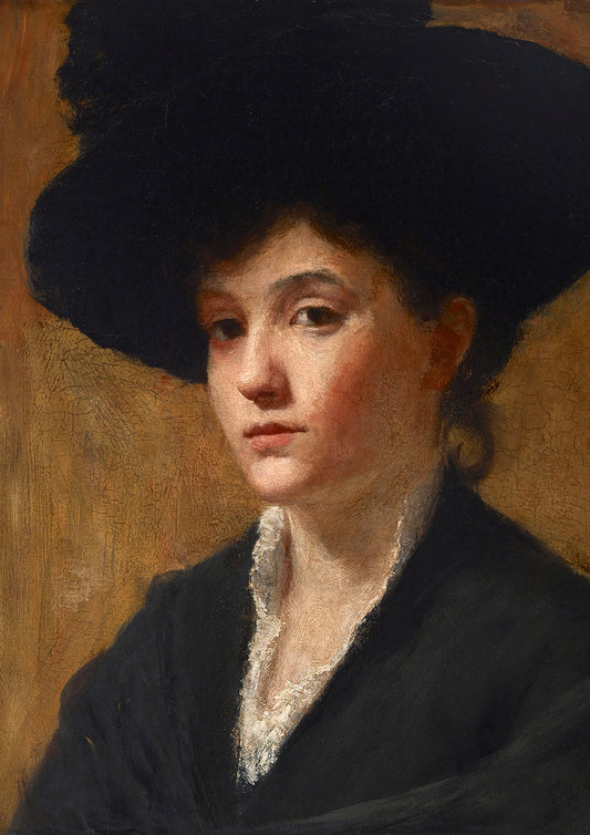 A fine art print of a stylish lady with a black hat, painted in a warm colour palette. The painting emphasizes her confident gaze and elegant features.