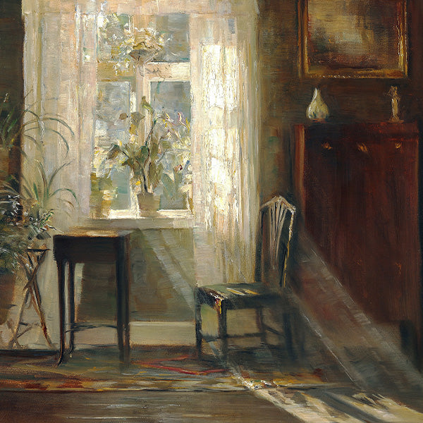 A collection of artwork featuring room interiors