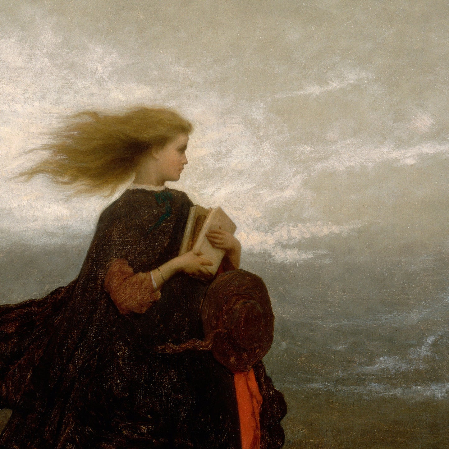 A close-up view of the fine art print shows the detail of the young girl's hair flowing in the wind, with her velvet coat and books in her arms.