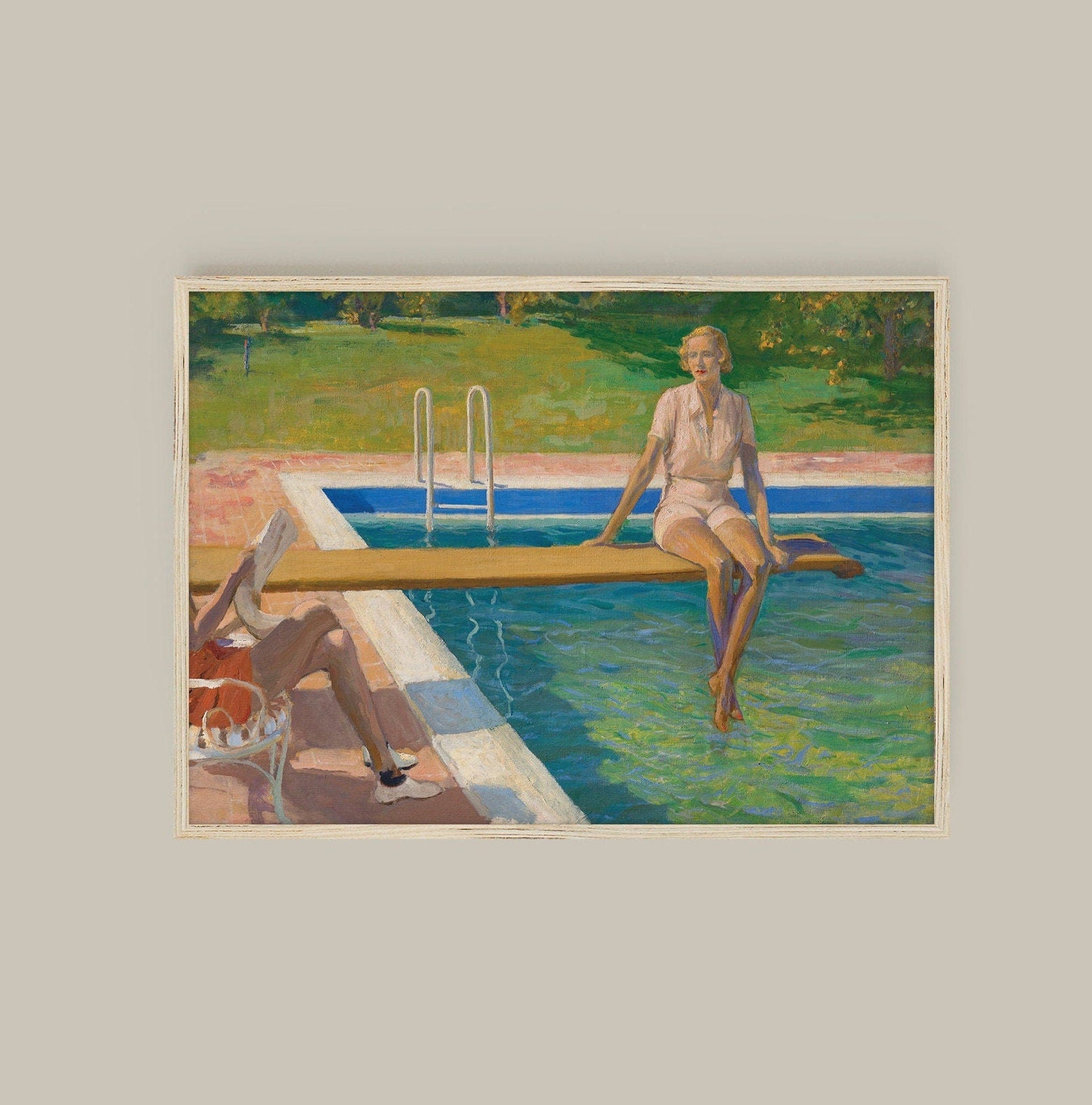 A fine art print of a beautiful Art Deco portrait in oil of a young lady resting on a spring board above a swimming pool. The print is displayed hanging on the wall in a thin light wood picture frame.