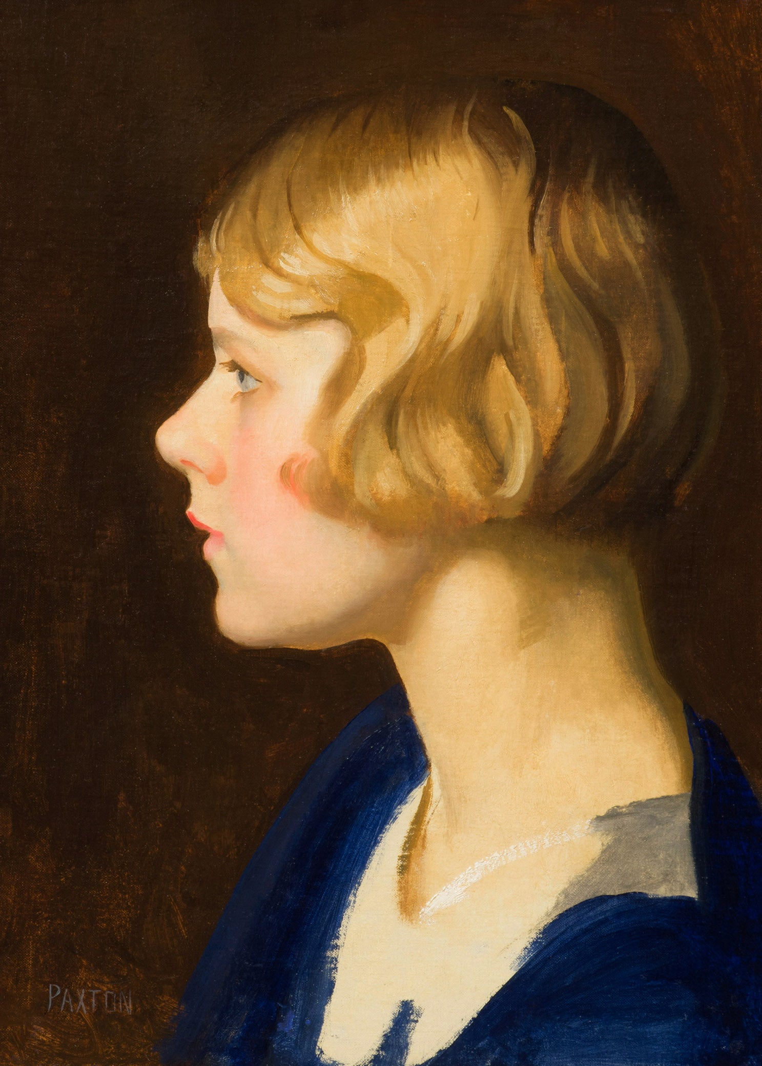 Portrait of a young girl with blonde hair and a blue dress against a dark background