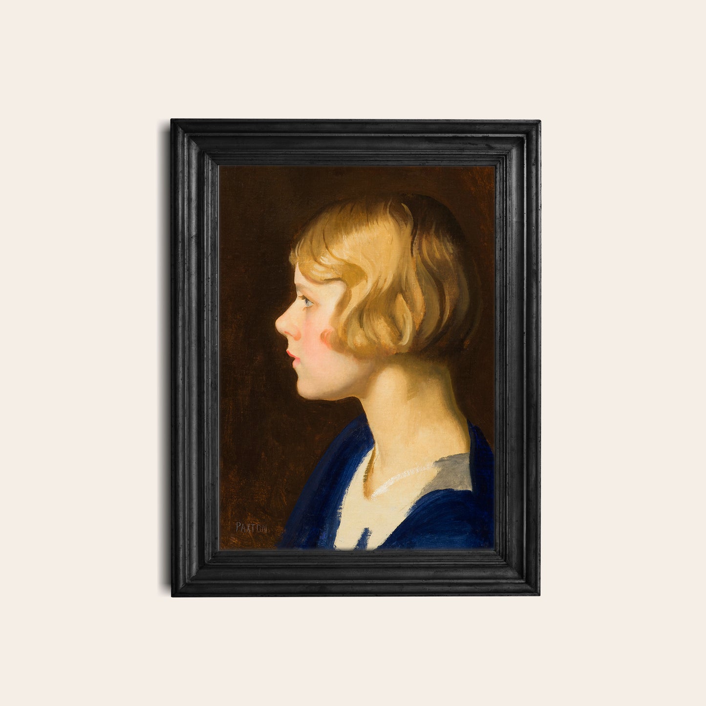 Framed portrait painting of a young girl with a dark frame on a light background