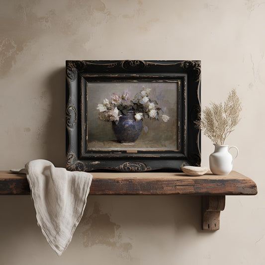 Decorative shelf with framed artwork, vase of flowers, against a beige wall.
