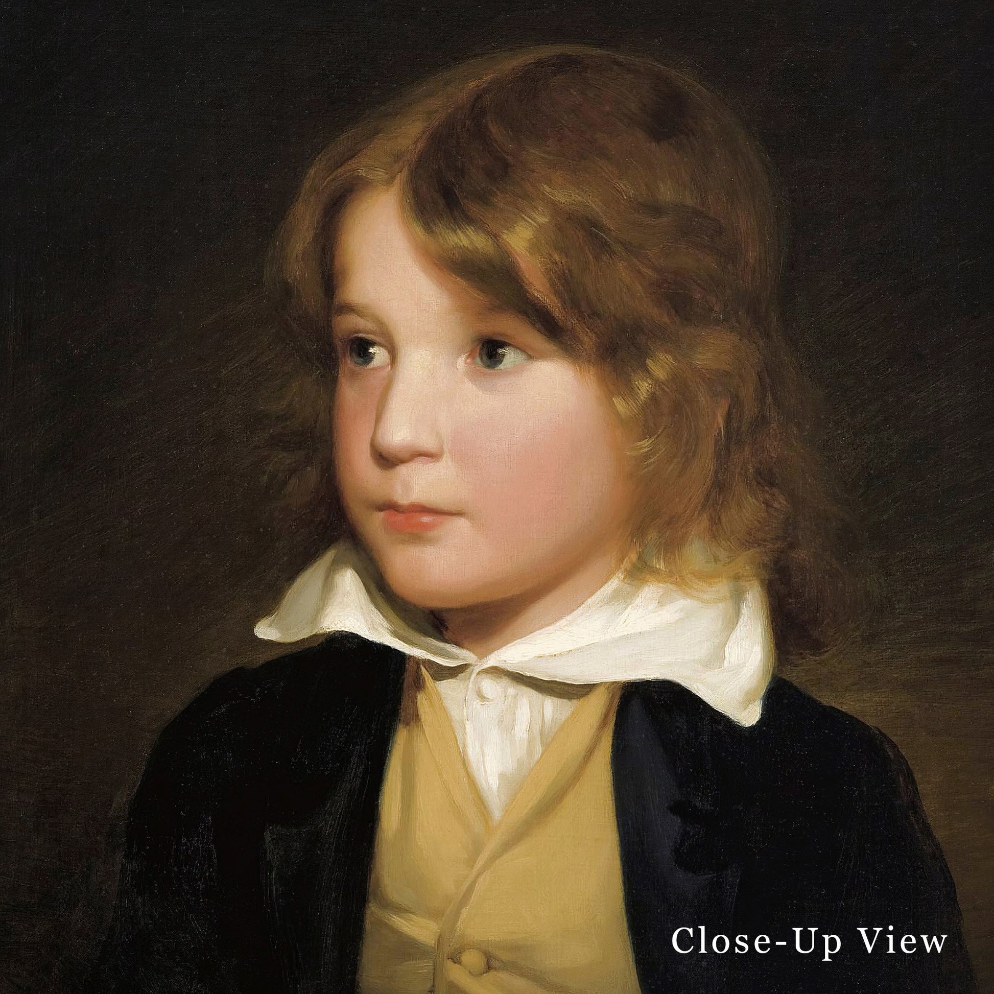 Close-up of a portrait painting of a young boy with a dark background