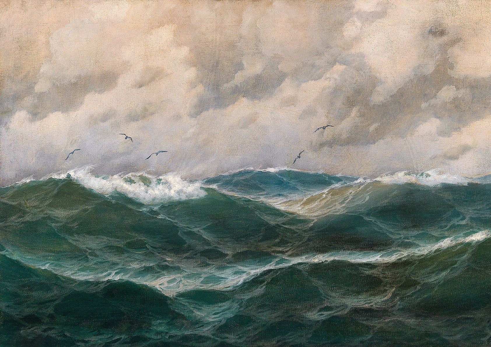 A fine art print of a marine landscape with seagulls flying over choppy waves, capturing the beauty and power of the sea.