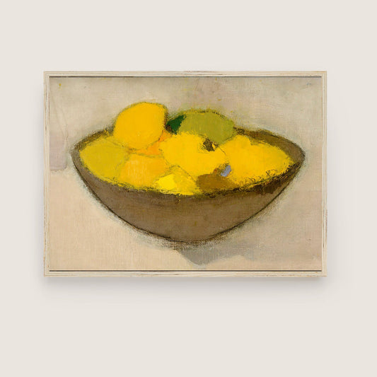 Framed giclee print of a still life of a bowl of yellow lemons on a neutral background