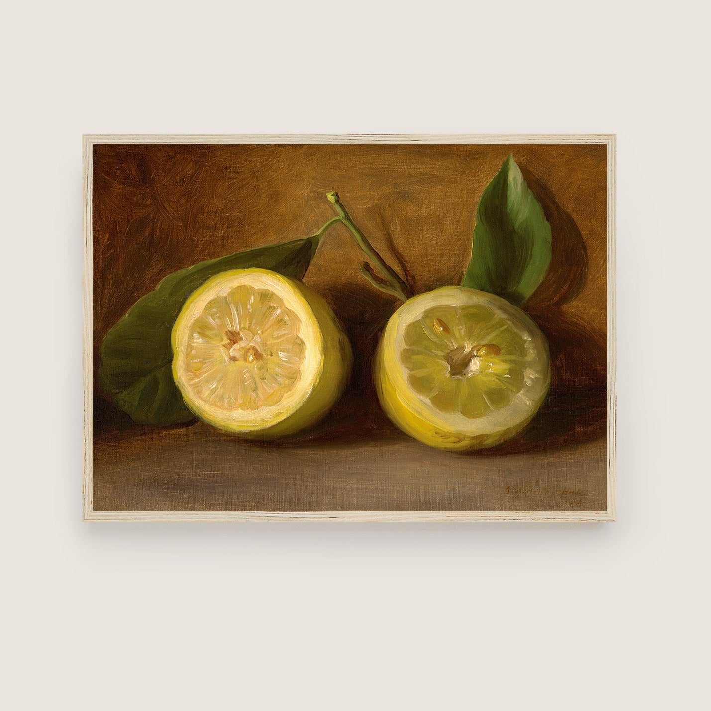 A fine art print of a 19th-century oil still-life painting of a halved lemon. The print is displayed in a wooden picture frame.