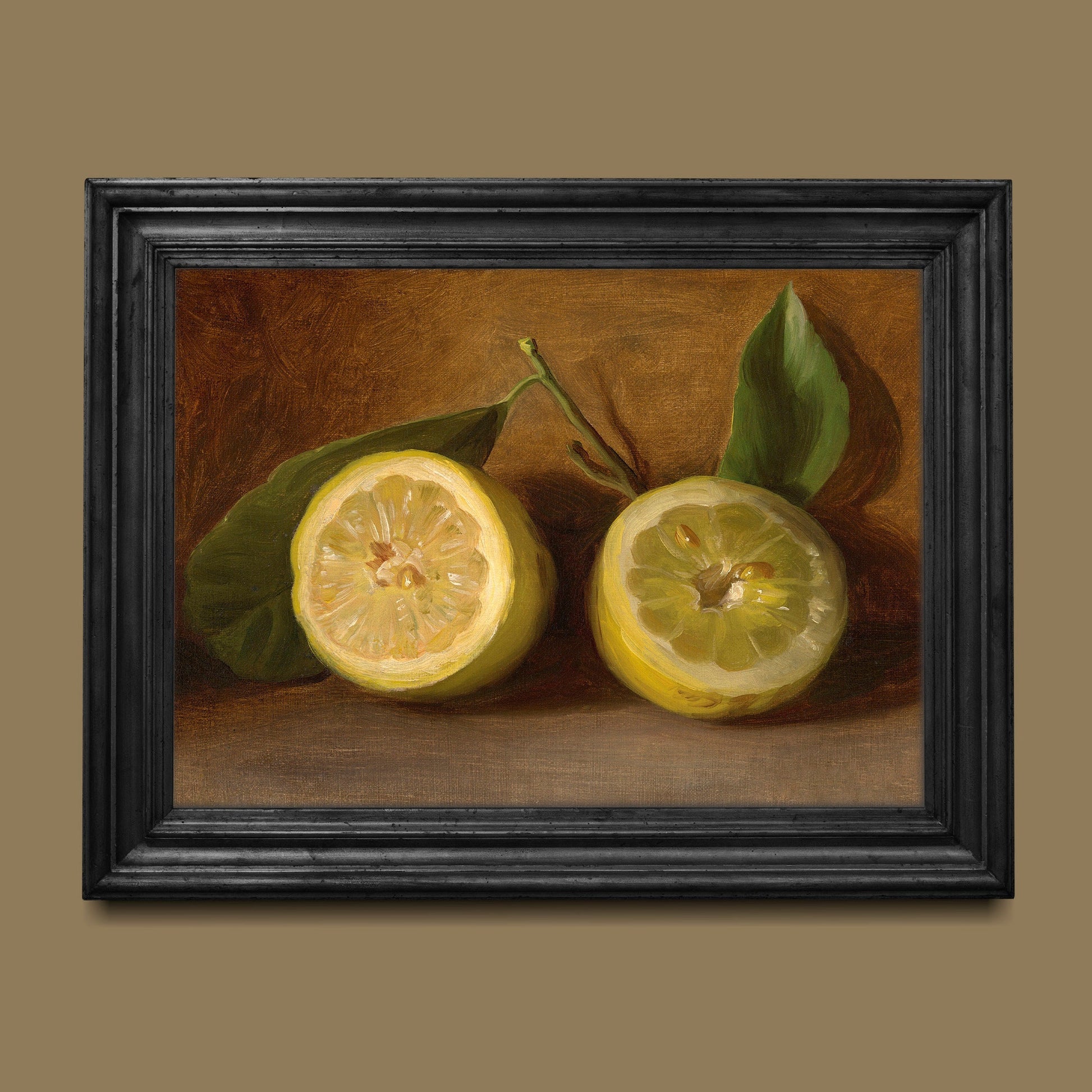 A fine art print of a 19th-century oil still-life painting of a halved lemon. The print is displayed hanging on the wall in a black wooden picture frame.