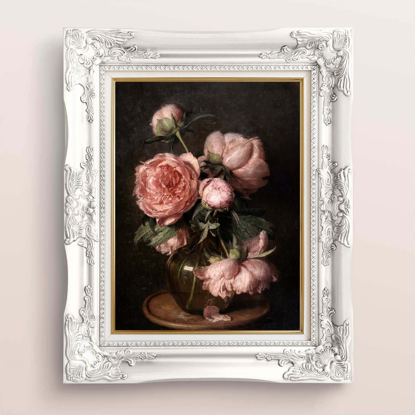Framed artwork of pink peonies on a dark background