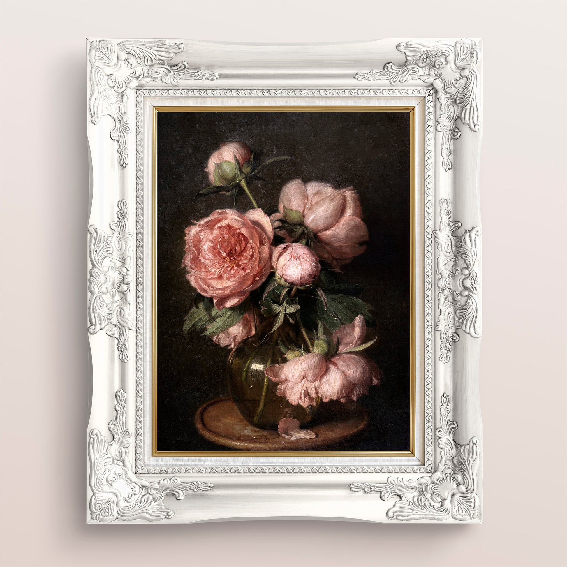 Framed artwork of pink peonies on a dark background