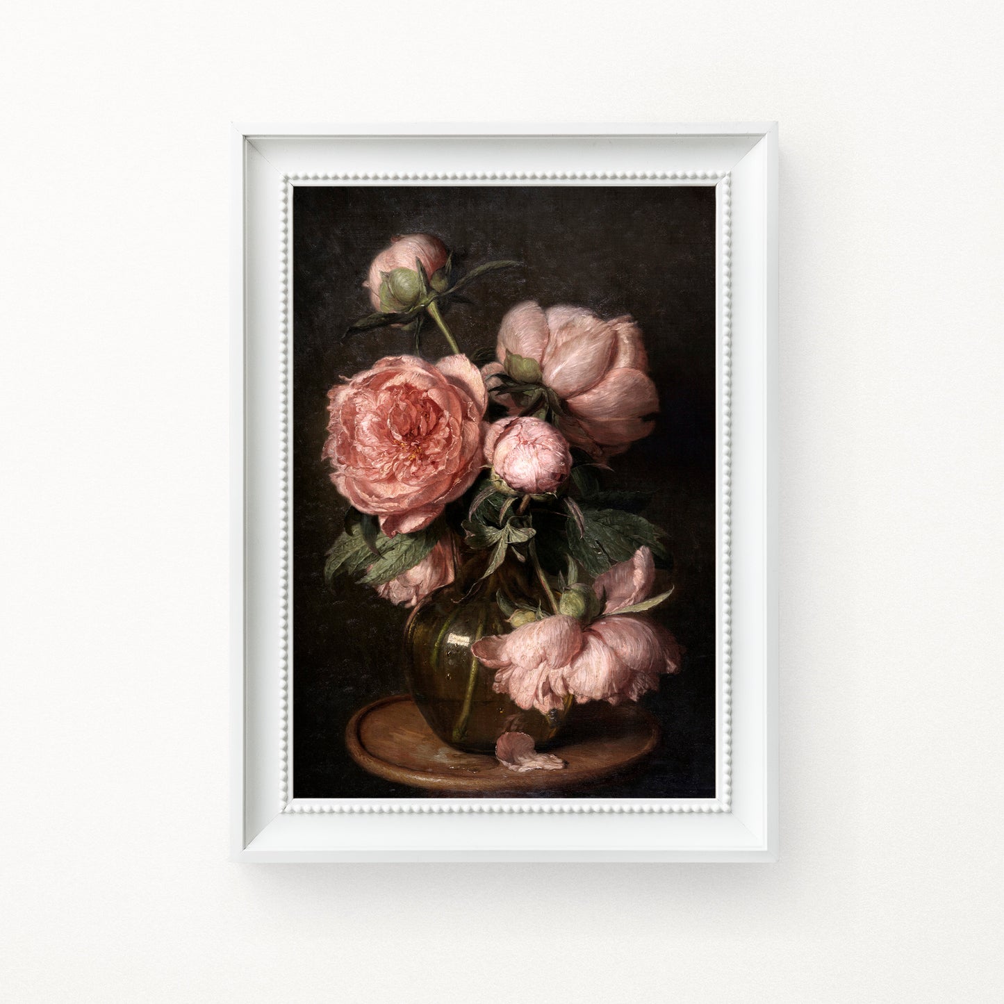 Framed artwork of pink peonies on a dark background