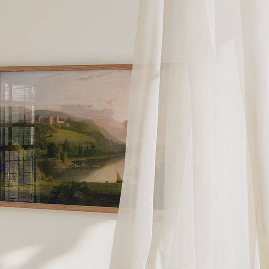 Video of a framed landscape print with a castle.