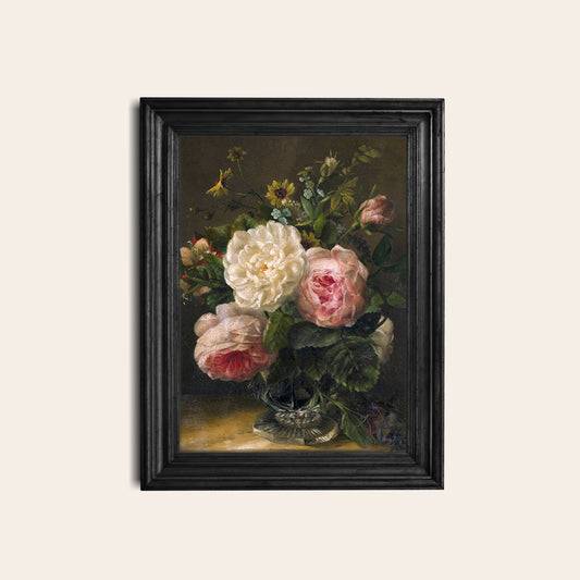 Framed print of flowers in a glass vase on a light gray background