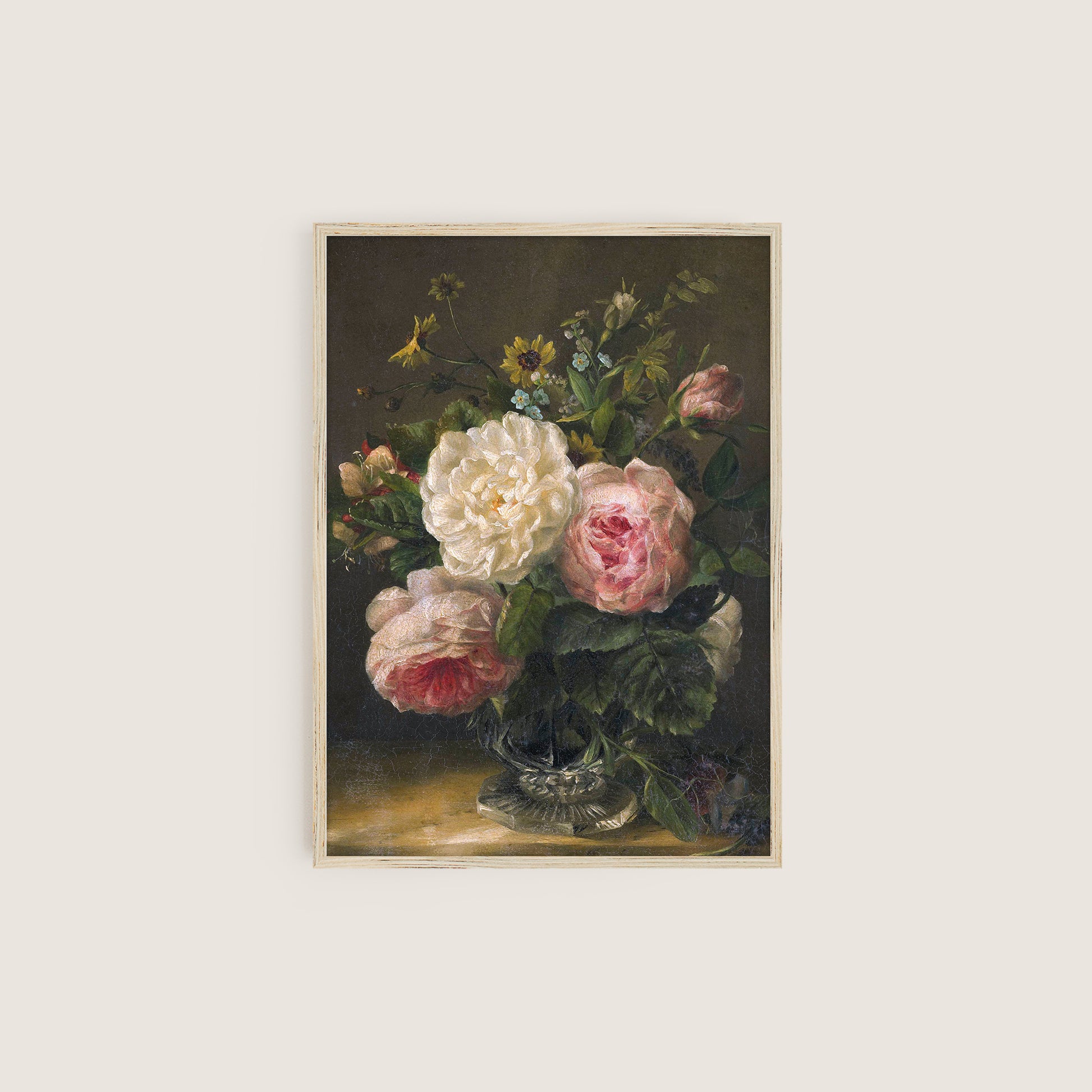 Framed artwork of a still life with flowers and a glass vase on a light background