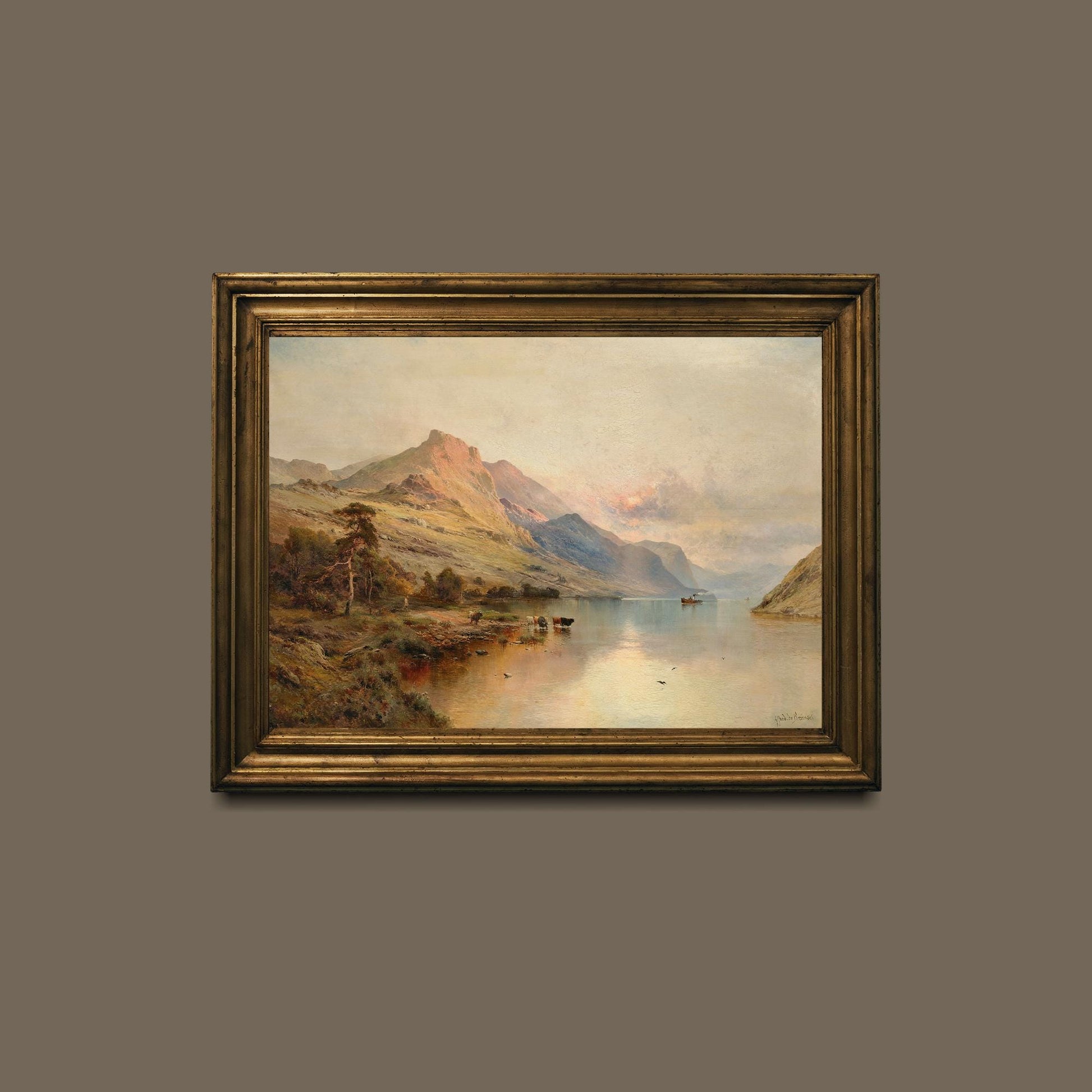 Framed print of a mountain landscape with a lake