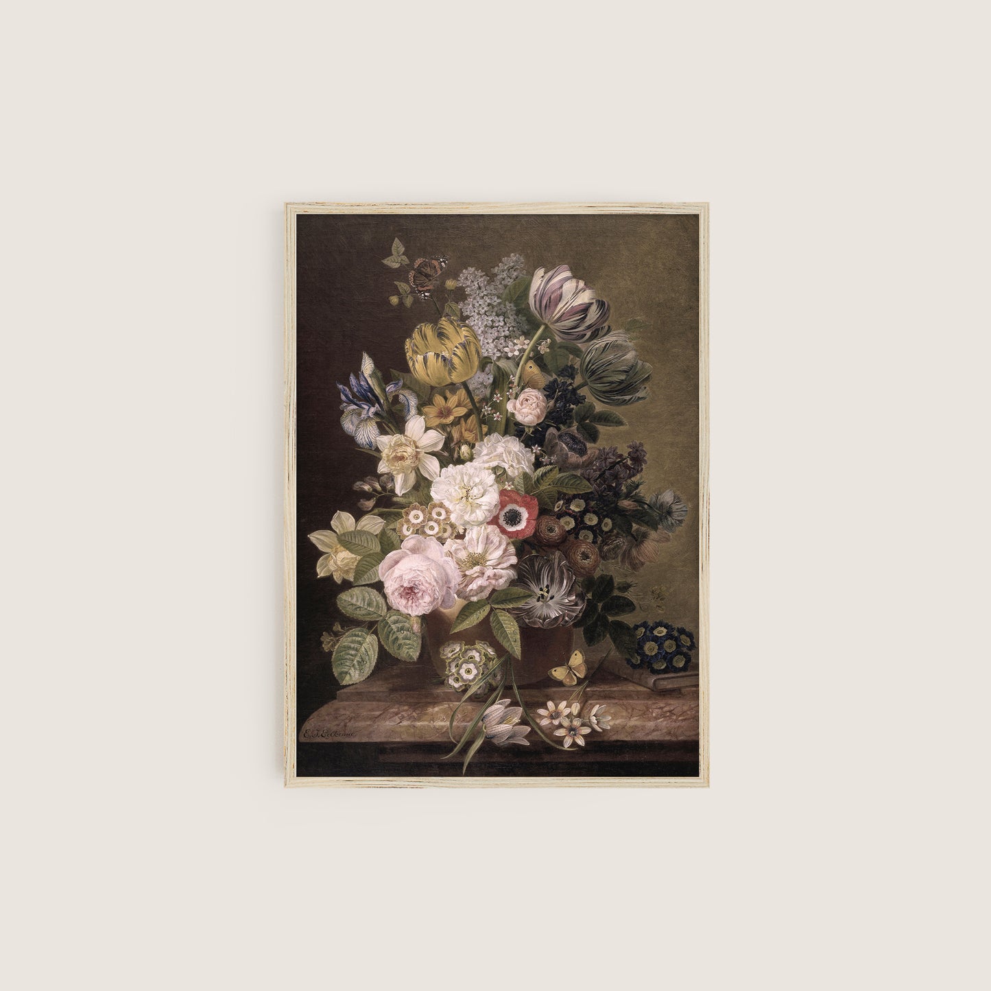 Framed print of a still life with flowers against a white background