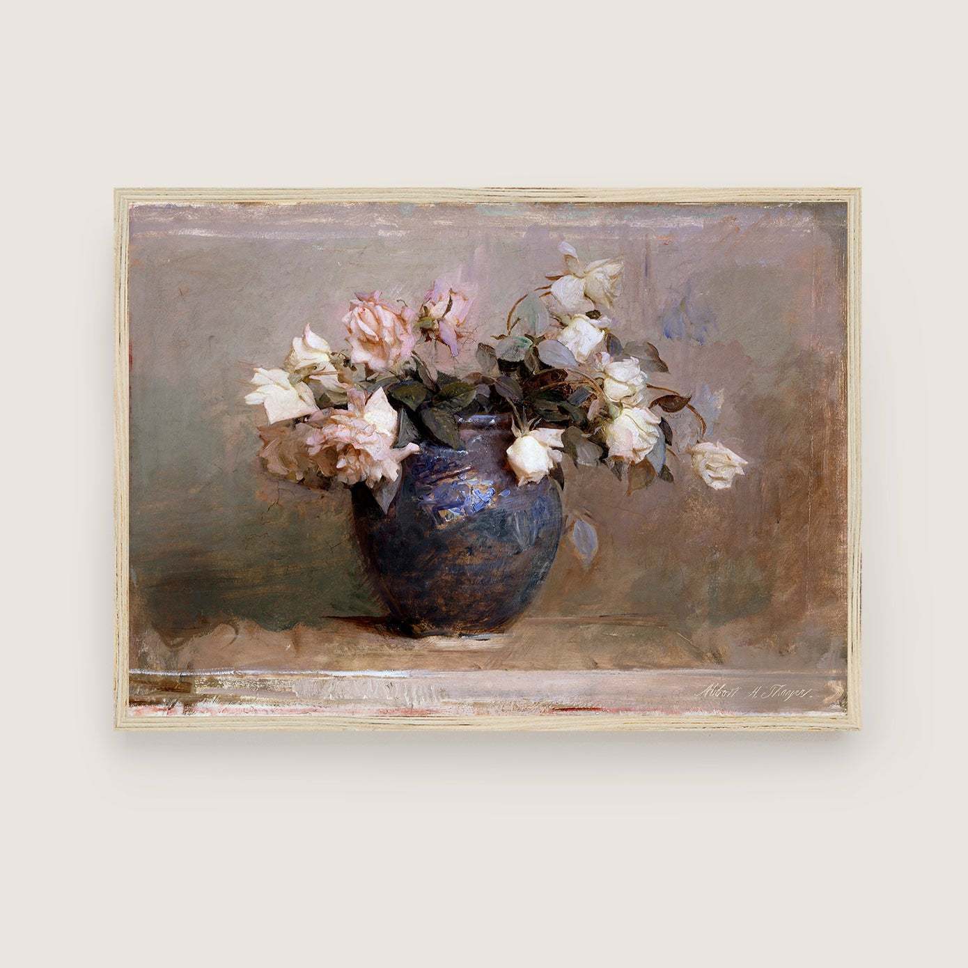 Framed painting of a vase with flowers on a white wall