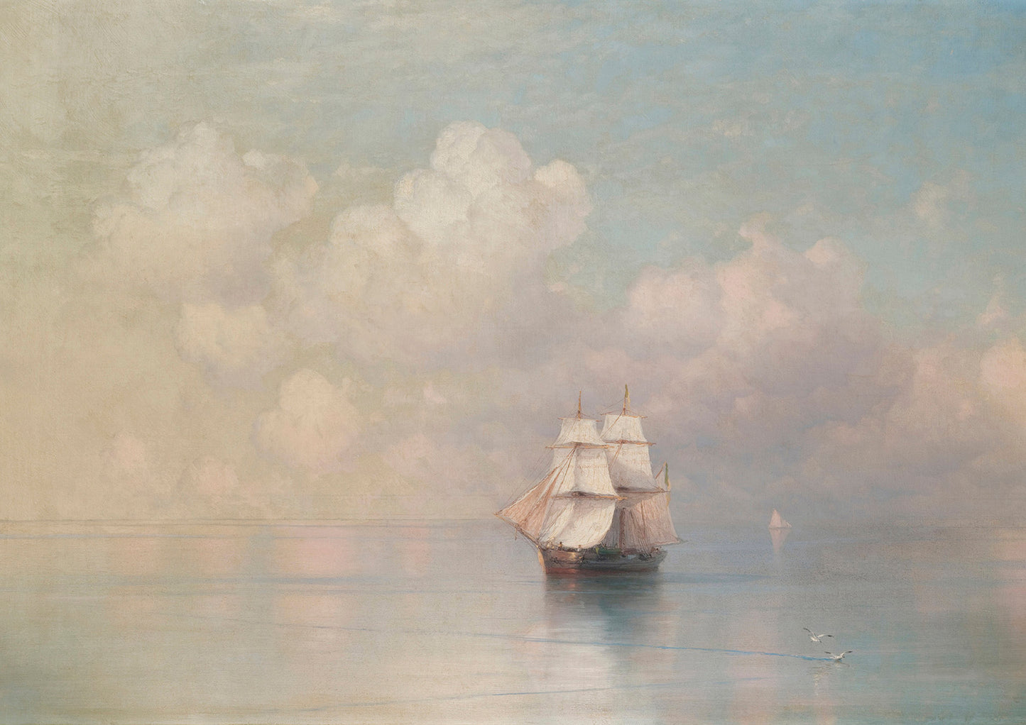 A fine art print of a sailing boat on calm seas at sunset.