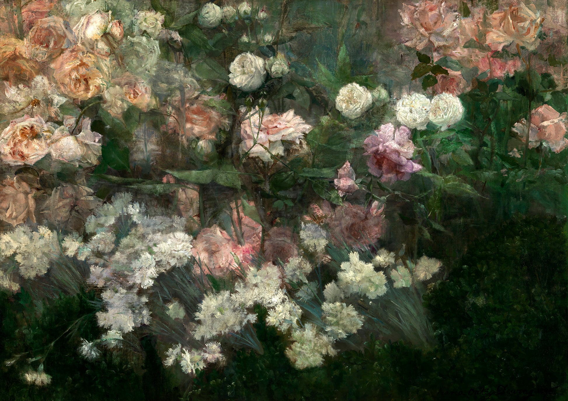 A fine art print of a rose garden in full bloom.