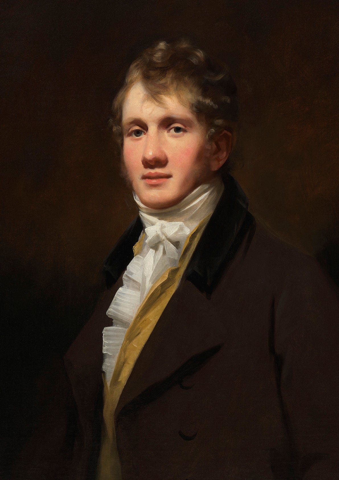 Fine art print of a classical portrait painting of a man in formal attire on a brown background.
