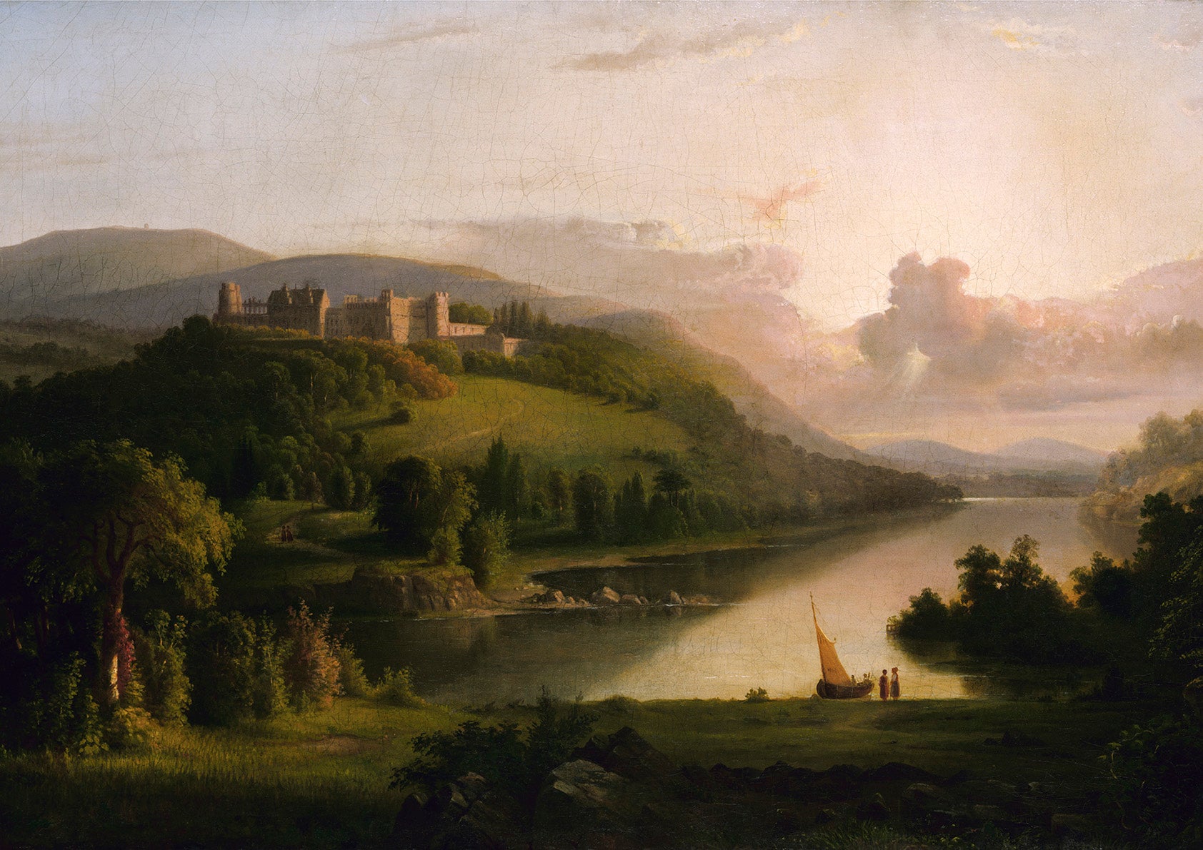 Landscape print with a castle and river.